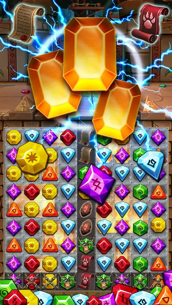 Jewel Ancient 2: dicht gefülltes Spielfeld mit geformten Edelsteinen
