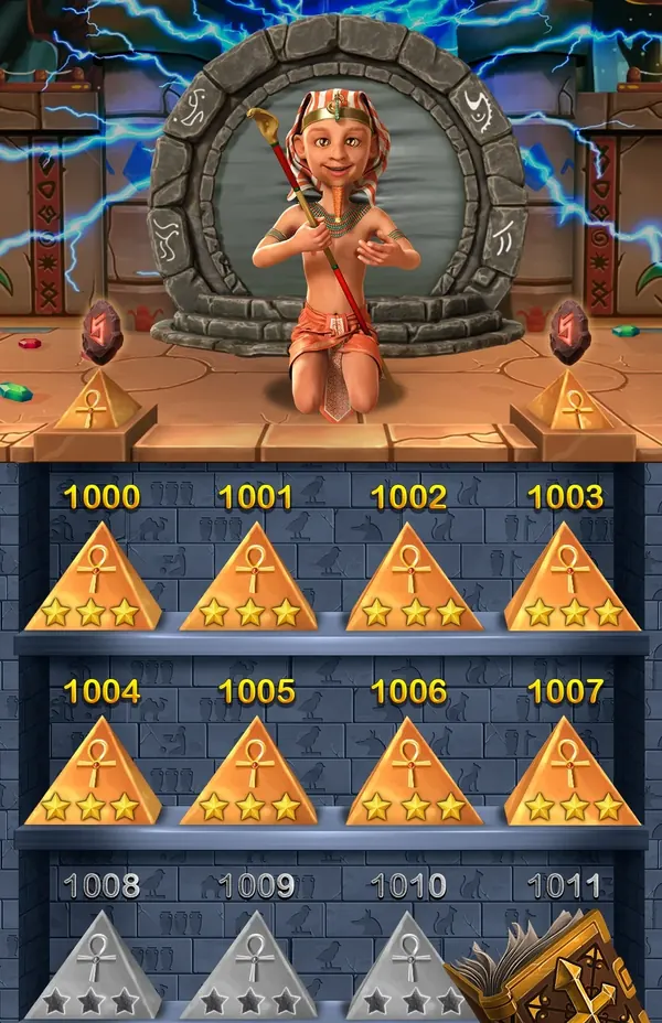 Jewel Ancient 2: Levelpfad mit nummerierten Pyramiden und Sternen