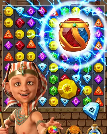 Jewel Ancient 2: Spielfeld mit Edelsteinen und dem jungen Pharao als Spielfigur