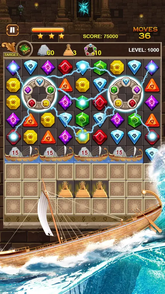 Jewel Ancient Pyramid Treasure: Level 1000 mit Ringfeldern, Booten und Sandkacheln